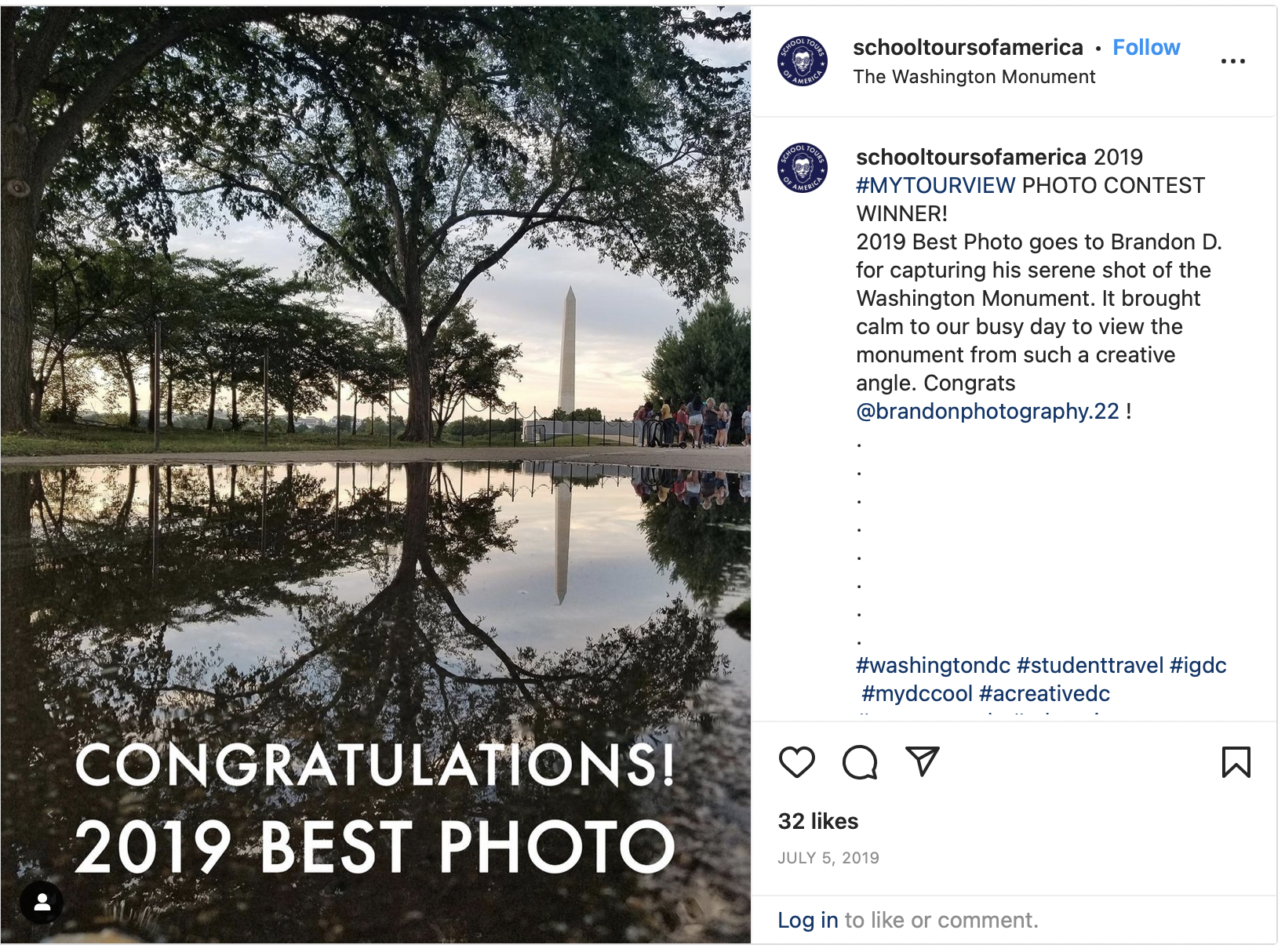 School Tours of America Instagram 2019 Student Photo Contest Winner Washington Monument Reflecting