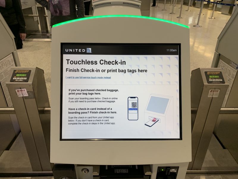 Touchless Kiosk is used to check-in and check luggage at the United Airlines terminal